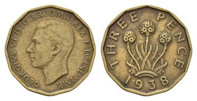 Великобритания 3 пенса 1938 Георг VI (1936-1952) KM 849, Spink 4112 никель латунь 92-946