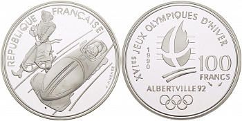 Франция 100 франков 1990 XVI Зимние Олимпийские игры 1992 в Альбервиле, бобслей KM 981 серебро PROOF 11-093-45