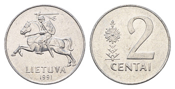 Литва 2 цента (сента) 1991 год-тип KM 86 алюминий aUNC 4689-1038