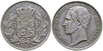 Бельгия 5 франков 1865 Леопольд I (1831-1865) KM 17 серебро 1066-20-64