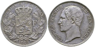 Бельгия 5 франков 1865 Леопольд I (1831-1865) KM 17 серебро 1066-20-64