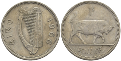 ИРЛАНДИЯ 1 ШИЛЛИНГ 1966 БЫК KM 14а медно-никель 179-226
