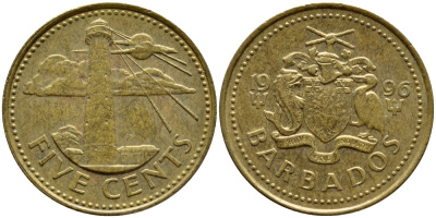 Барбадос 5 центов 1996 маяк Саут-Пойнт KM 11 латунь 4398-551