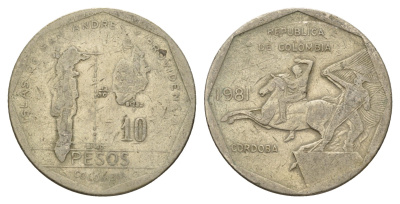 Колумбия 10 песо 1981 KM 270 медь цинк никель 4142-313
