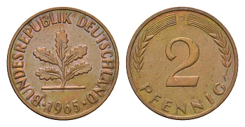 ФРГ 2 пфеннига 1965 D KM 106, J. 381 бронза 4549-648