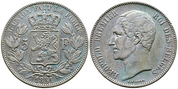 Бельгия 5 франков 1851 Леопольд I (1831-1865) KM 17 серебро 1066-20-26