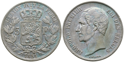 Бельгия 5 франков 1851 Леопольд I (1831-1865) KM 17 серебро 1066-20-26