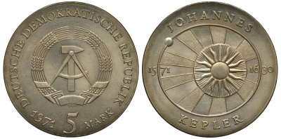 ГДР 5 марок 1971 А, 400 лет со дня рождения Иоганна Кеплера KM 30, J. 1534 медно-никель UNC 4394-212