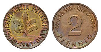 ФРГ 2 пфеннига 1963 J KM 106, J. 381 бронза 4564-655