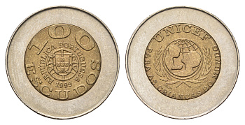 Португалия 100 эскудо 1999 UNICEF, PORTUGUESA KM 722.1 биметалл UNC 4577-1111