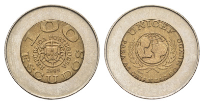 Португалия 100 эскудо 1999 UNICEF, PORTUGUESA KM 722.1 биметалл UNC 4577-1111