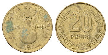 Колумбия 20 песо 1985 редкий год KM 271 алюминиевая бронза 4142-513