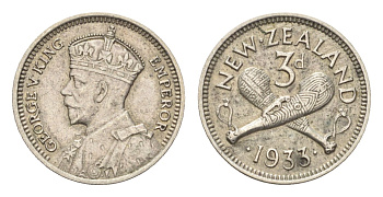 Новая Зеландия 3 пенса 1933 Георг V (1910-1936) KM 1 серебро 4659-931