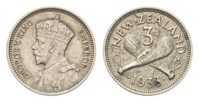 Новая Зеландия 3 пенса 1933 Георг V (1910-1936) KM 1 серебро 4659-931