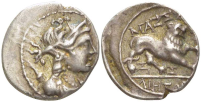 Древняя Греция, Галлия тетробол 130 - 121 гг. до н.э. Массалия, драпированный бюст Артемиды / лев, good very fine, 2,72 гр Depeyrot 41/18 серебро 1073-6-117