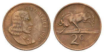 ЮАР 2 цента 1969 Ян ван Рибек (1619-1677), South Africa, легенда на английском, антилопа KM 66.1 бронза 4122-446
