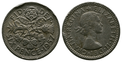 Великобритания 6 пенсов 1957 Елизавета II (1952-2022) KM 903, Spink 4149 медно-никель 4381-663
