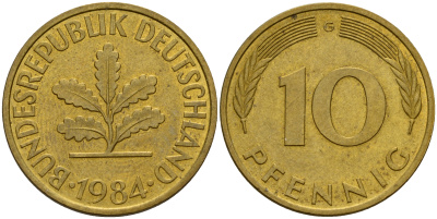 ФРГ 10 пфеннигов 1984 G J. 383, KM 108 сталь плакированная латунью    4603-533