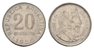 Аргентина 20 сентаво 1956 KM 52 сталь плакированная никелем 4679-831
