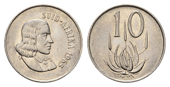 ЮАР 10 центов 1965 Ян ван Рибек (1619-1677), Suid Africa, легенда на африкаанс, цветок алоэ KM 68.2 никель 4687-331