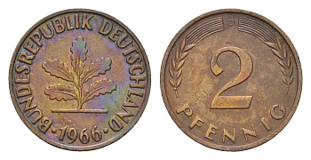 ФРГ 2 пфеннига 1966 D KM 106, J. 381 бронза 4682-831