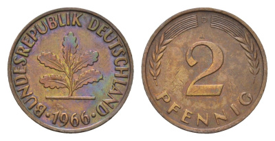 ФРГ 2 пфеннига 1966 D KM 106, J. 381 бронза 4682-831