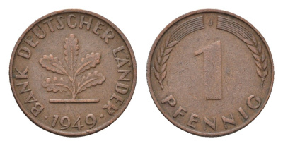 ФРГ 1 пфенниг 1949 J KM A101, J. 376 сталь плакированная медью 4685-357