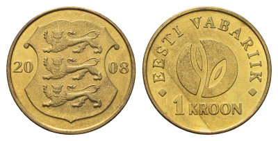 Эстония 1 крона 2008 90 лет Эстонской республике KM 44 латунь UNC 4688-717