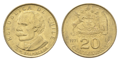 Чили 20 сентесимо 1971 KM 195 алюминиевая бронза UNC 4689-142