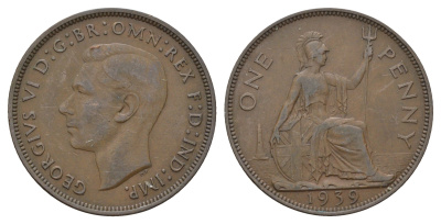 Великобритания 1 пенни 1939 Георг VI (1936-1952) КМ 845, Spink 4114 бронза 4117-1244