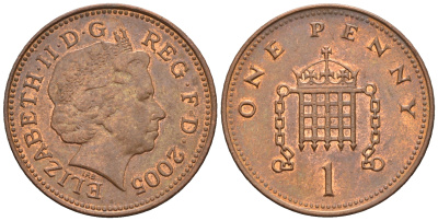 Великобритания 1 пенни 2005 Елизавета II (1952-2022) KM 986, Spink 4710 (B5) сталь плакированная медью 4609-623