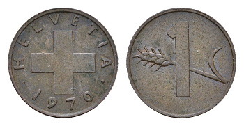 Швейцария 1 раппен 1970 KM 46 бронза 4684-617
