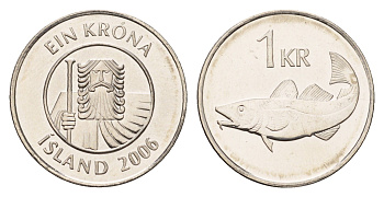 Исландия 1 крона 2006 треска KM 27a сталь плакированная никелем UNC 4691-611