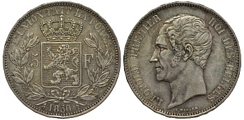 Бельгия 5 франков 1850 Леопольд I (1831-1865) KM 17 серебро 00-00
