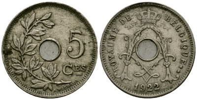 Бельгия 5 сантимов 1922 Belgique KM 66 медно-никель 4173-469