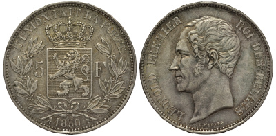 Бельгия 5 франков 1850 Леопольд I (1831-1865) KM 17 серебро 00-00