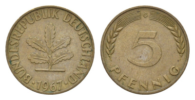 ФРГ 5 пфеннигов 1967 G, редкий монетный двор KM 107, J. 382 сталь плакированная латунью 4685-1039