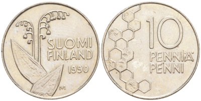 ФИНЛЯНДИЯ 10 ПЕННИ 1990 М, ЛАНДЫШ KM 65 медно-никель 4532-1062