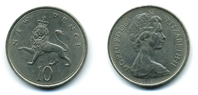 Великобритания 10 пенсов 1969 Елизавета II (1952-2022) KM 912, Spink 4231 (F1) медно-никель  4110-1225