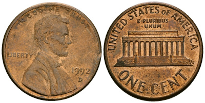 США 1 цент 1992 D, Линкольн KM 201b цинк плакированный медью 4136-342