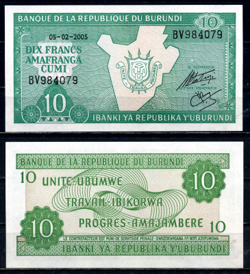Бурунди 10 франков 2005 Pick 33 e бумага UNC (пресс) 2119-14-1-1