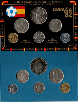 Испания красочный набор из 6 монет (50 сентимов; 1, 5, 25, 50 и 100 песет) 1980 чемпионат мира по футболу в Испании 1982 года KM MS11 (815, 816, 817, 818, 819 и 820) UNC 3-4-10-33