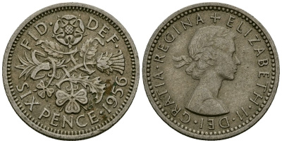 Великобритания 6 пенсов 1956 Елизавета II (1952-2022) KM 903, Spink 4149 медно-никель 4174-132