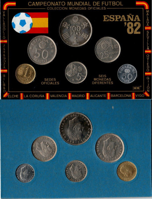 Испания красочный набор из 6 монет (50 сентимов; 1, 5, 25, 50 и 100 песет) 1980 чемпионат мира по футболу в Испании 1982 года KM MS11 (815, 816, 817, 818, 819 и 820) UNC 3-4-10-33