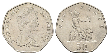 Великобритания 50 пенсов 1969 Елизавета II (1952-2022) KM 913, Spink 4223 (H1) медно-никель aUNC 4140-642