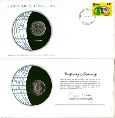 Шри-Ланка 1 рупия 1978 конверт с маркой первого дня гашения, Coins of Nations KM 136.1 медно-никель UNC 4294-34-2