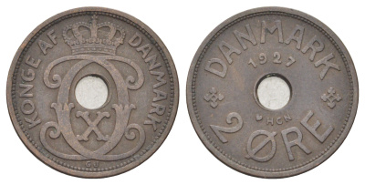 Дания 2 эре 1927 NCH, Кристиан X (1912-1947) KM 827 бронза 4701-627