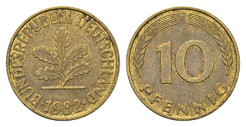 ФРГ 10 пфеннигов 1982 F KM 108, J. 383 сталь плакированная латунью 4684-1213