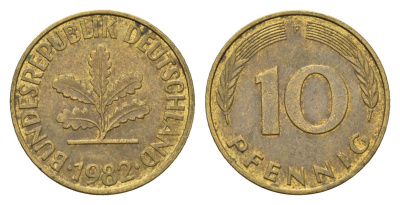 ФРГ 10 пфеннигов 1982 F KM 108, J. 383 сталь плакированная латунью 4684-1213
