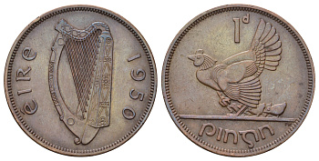 Ирландия 1 пенни 1950 курица с цыплятами KM 11 бронза 4512-1035